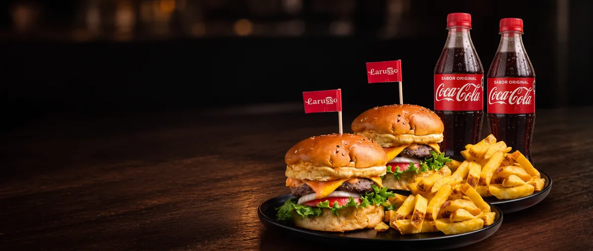 Dos hamburguesas Larusso Original con papas fritas y dos gaseosas